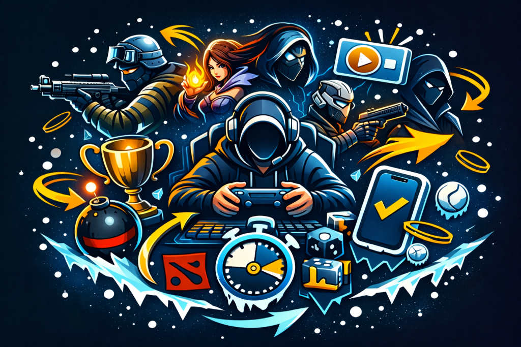 eSports betting com gamer de headset ao centro, personagens competitivas, troféu, cronómetro, telemóvel, setas dinâmicas e partículas, conceito de apostas eSports pré-jogo e ao vivo, mercados e odds em tempo real, pagamentos rápidos, levantamentos 24/7, plataforma mobile, Coldbet eSports, CS2, Dota 2, LoL, Valorant, aposta desportiva eletrónica, controlo de risco, oportunidades de live betting.
