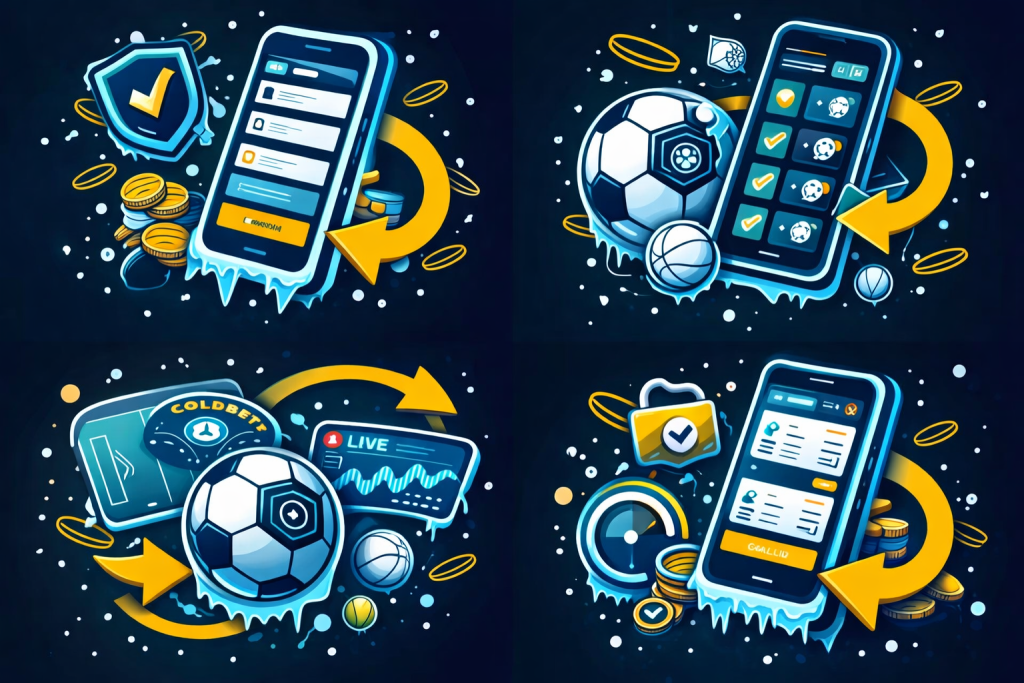 Como apostar na Coldbet: criar conta e completar registo no sportsbook Coldbet, app de apostas desportivas, verificação segura KYC/AML, ícone de escudo e moedas.