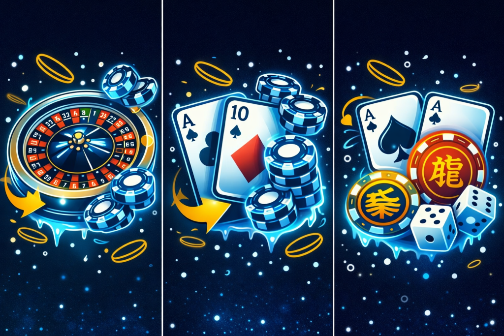 Jogos de mesa no Coldbet Casino: ilustração em estilo sticker com roleta, cartas, fichas e dados em tons azul-marinho e ciano com detalhes dourados, representando roleta, blackjack e bacará.